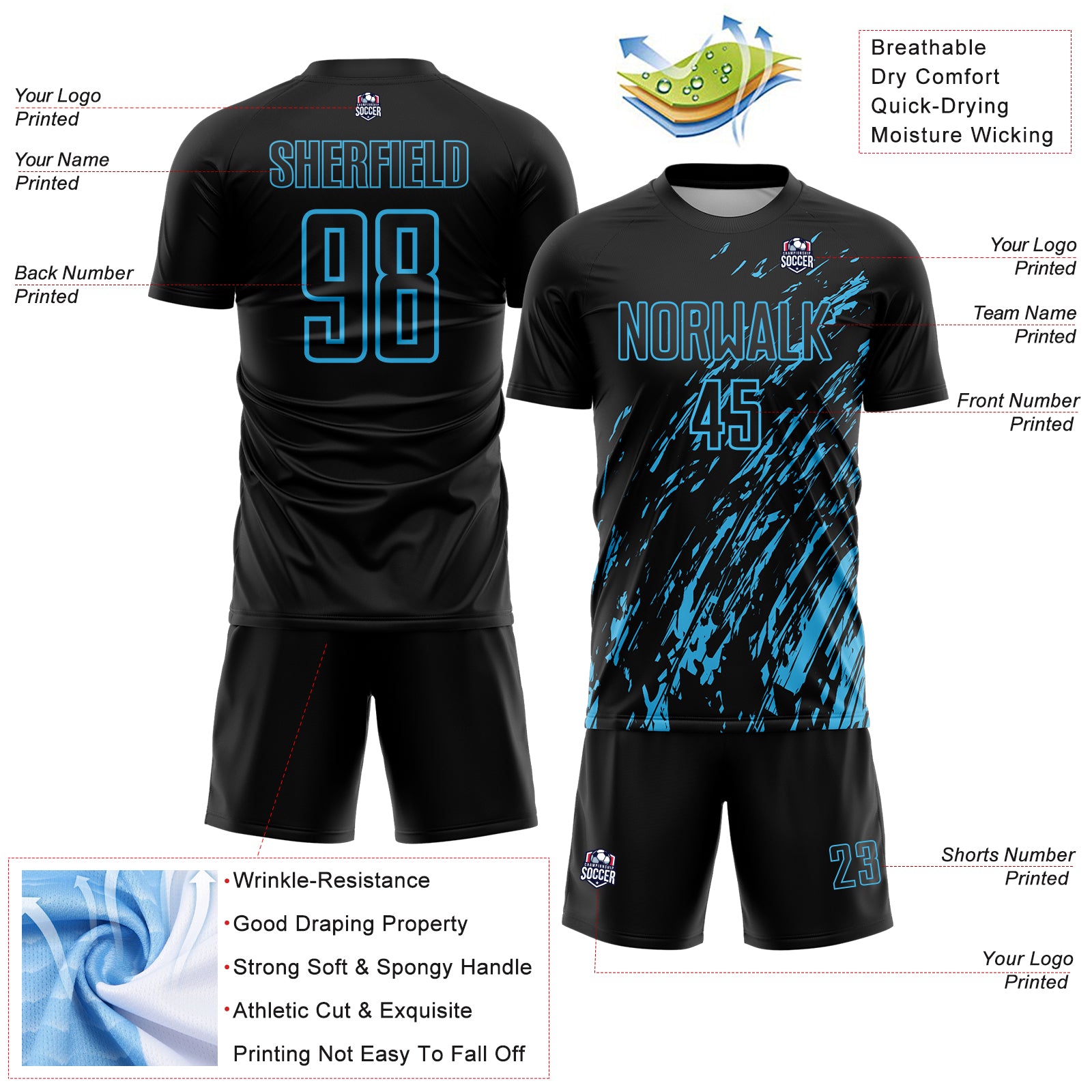 Custom Black Sky Blue Splash Sublimation Soccer Uniform Jersey