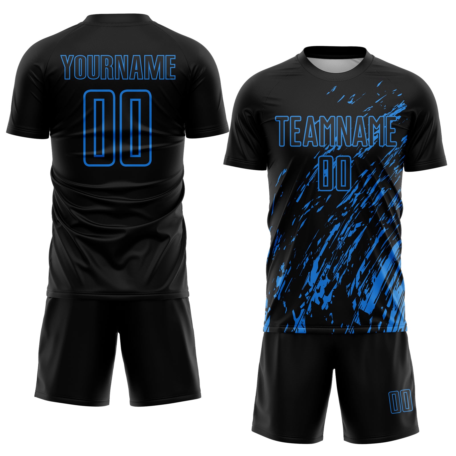 Custom Black Powder Blue Splash Sublimation Soccer Uniform Jersey