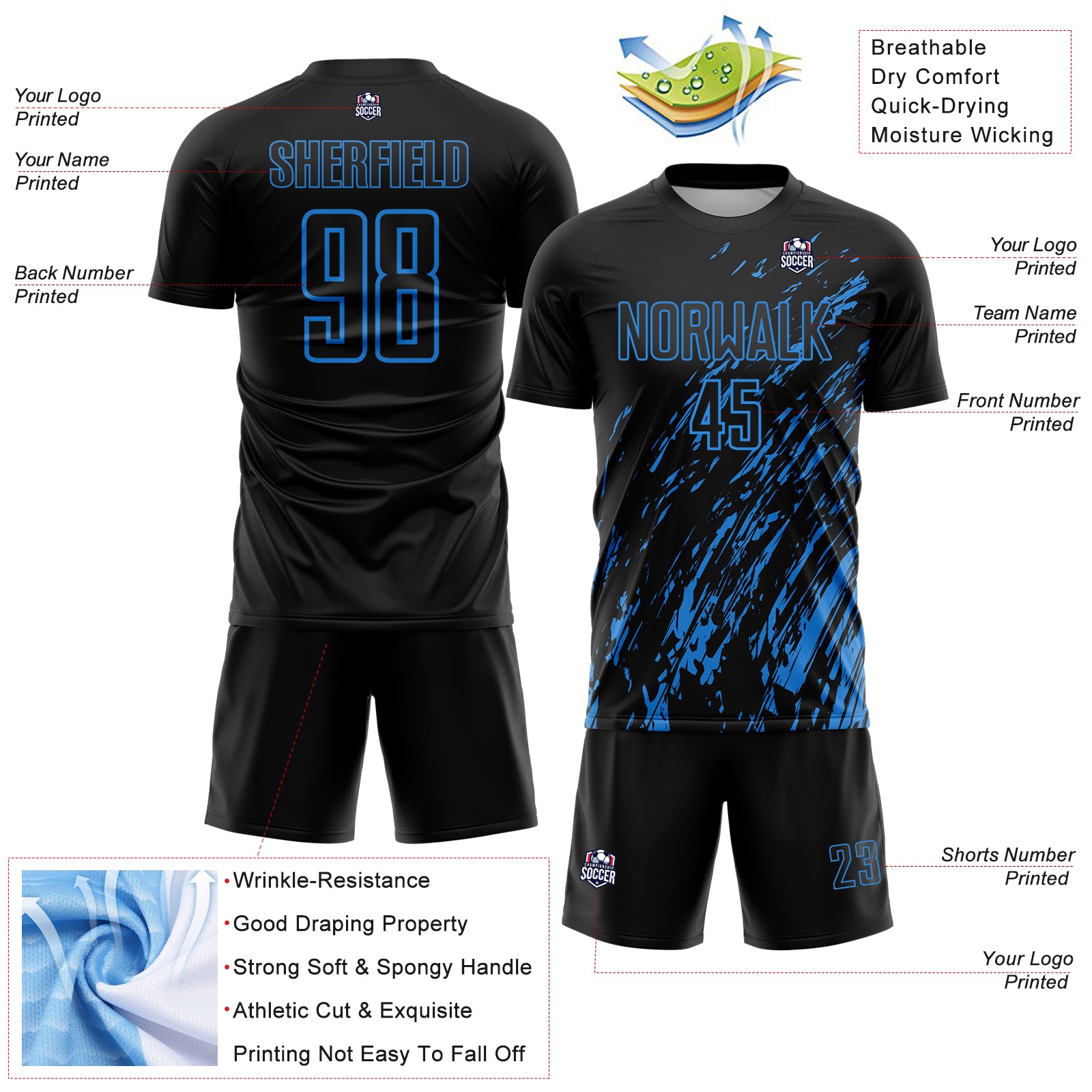Custom Black Powder Blue Splash Sublimation Soccer Uniform Jersey