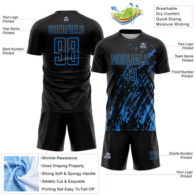 Custom Black Powder Blue Splash Sublimation Soccer Uniform Jersey