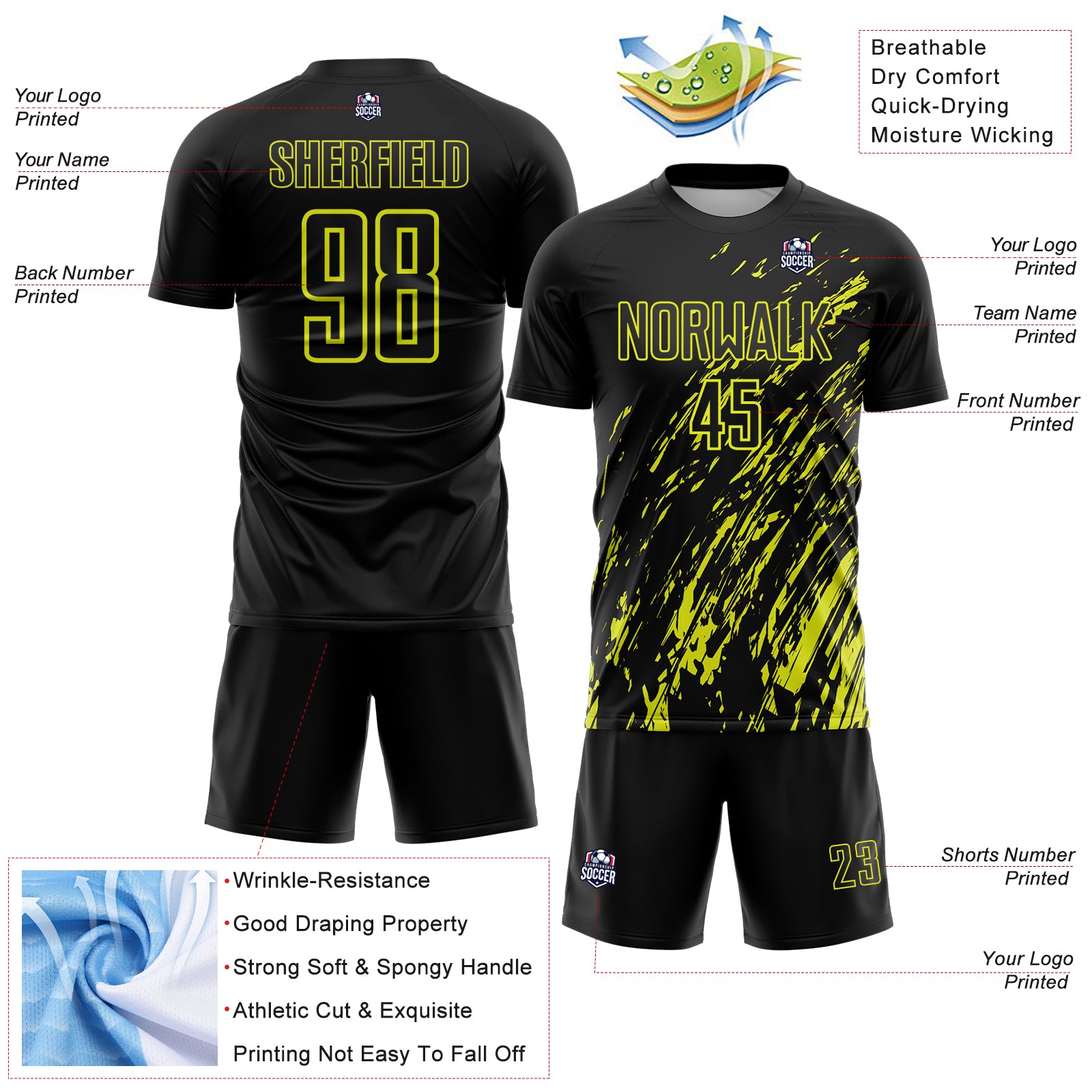 Custom Black Neon Yellow Splash Sublimation Soccer Uniform Jersey