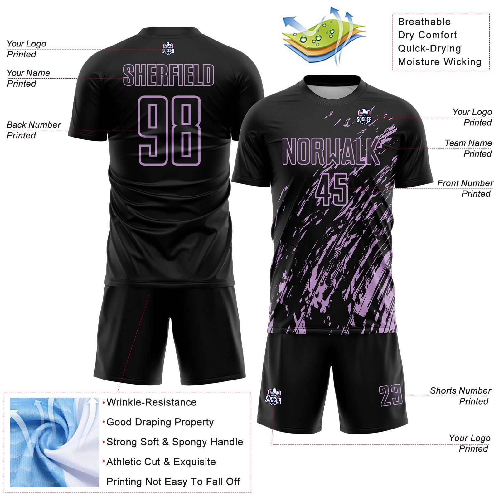 Custom Black Light Purple Splash Sublimation Soccer Uniform Jersey