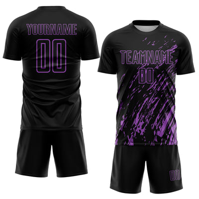 Custom Black Medium Purple Splash Sublimation Soccer Uniform Jersey