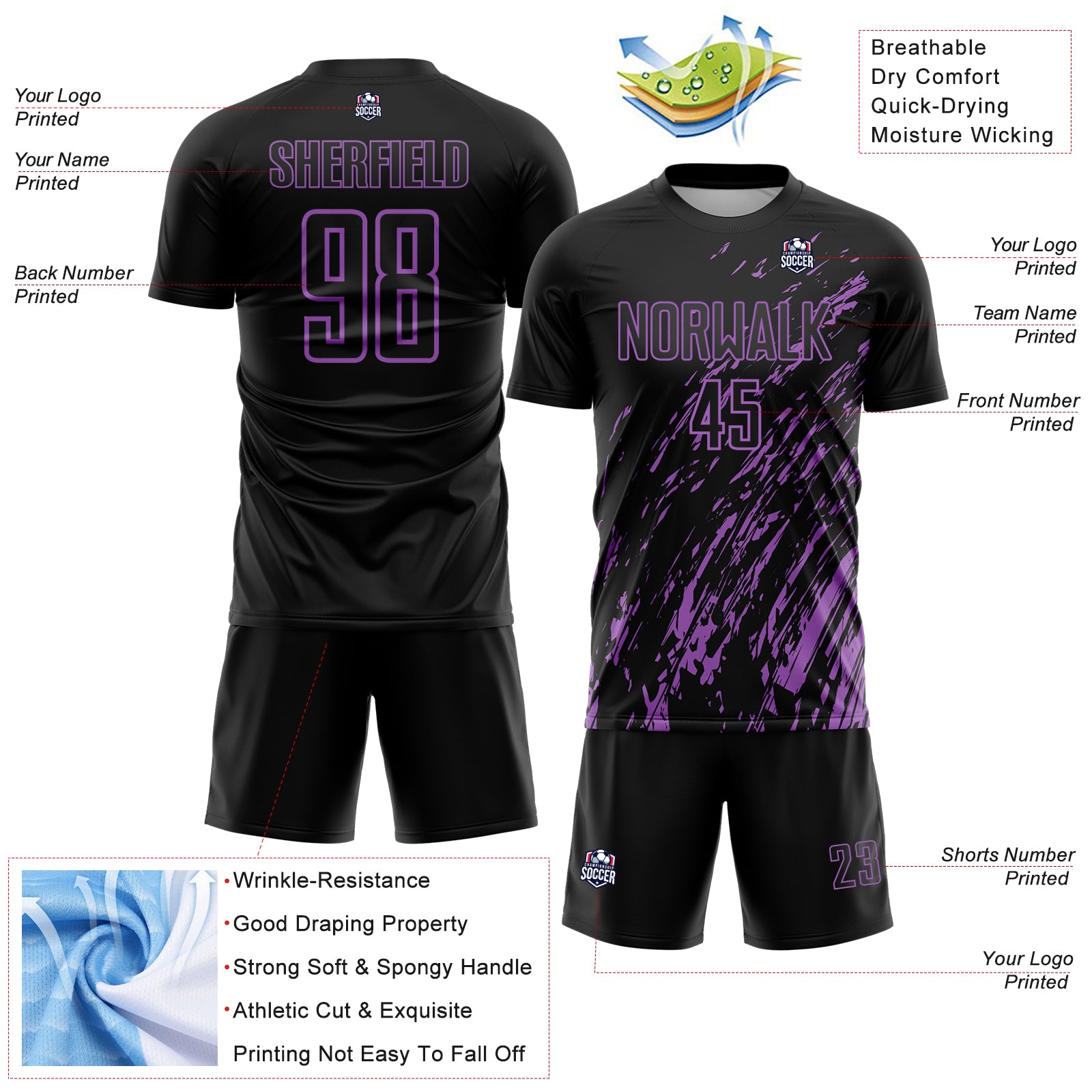 Custom Black Medium Purple Splash Sublimation Soccer Uniform Jersey