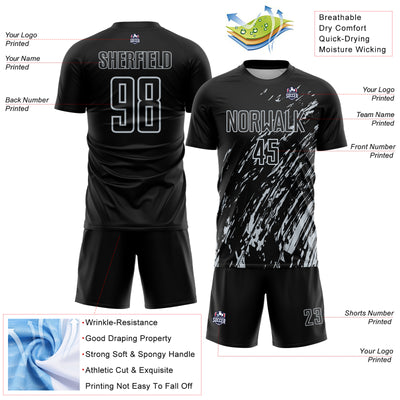 Custom Black Silver Splash Sublimation Soccer Uniform Jersey
