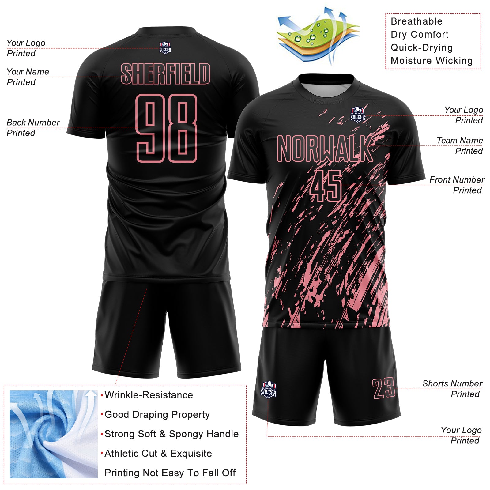 Custom Black Medium Pink Splash Sublimation Soccer Uniform Jersey