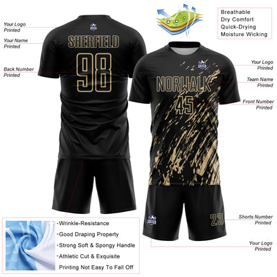 Custom Black Vegas Gold Splash Sublimation Soccer Uniform Jersey
