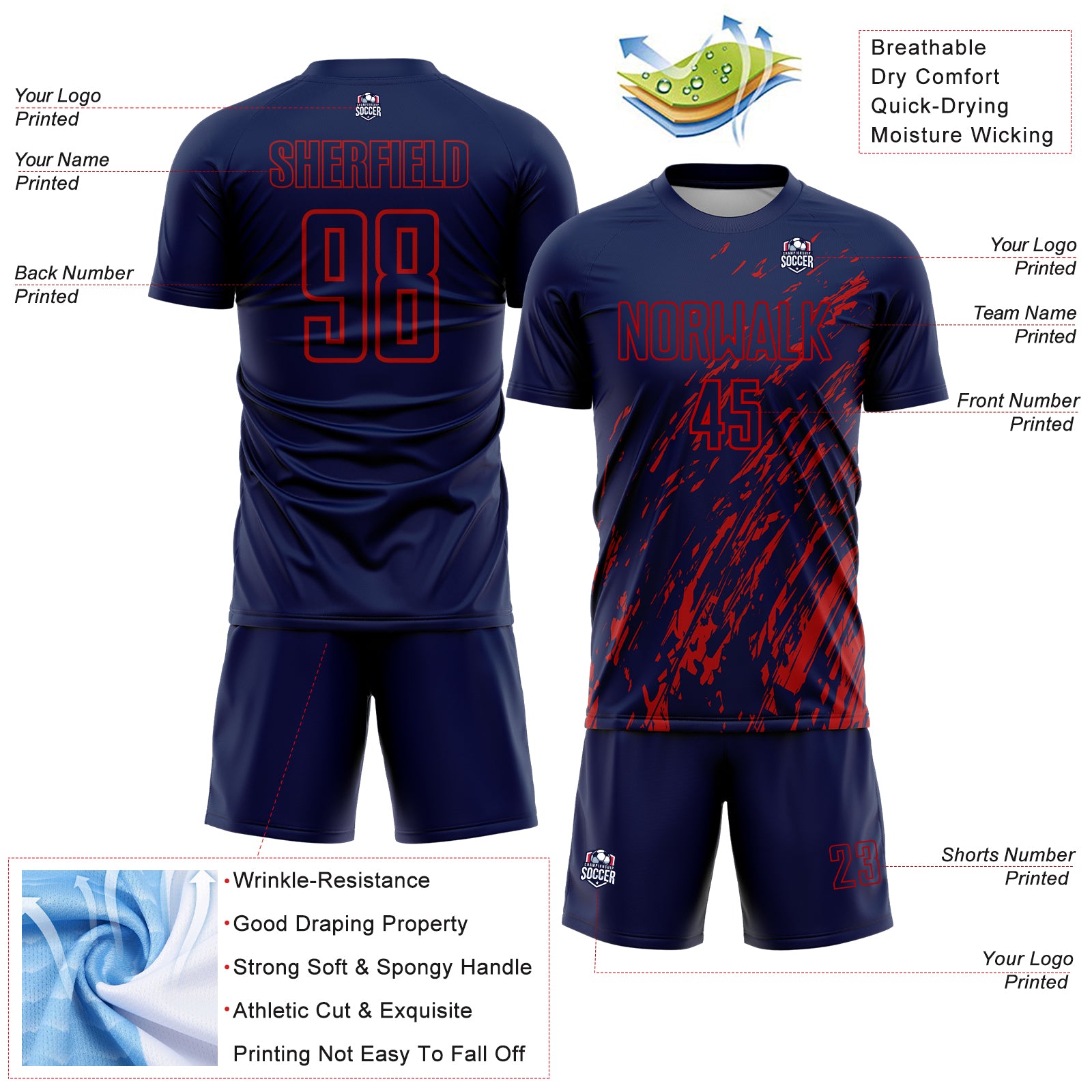 Custom Navy Red Splash Sublimation Soccer Uniform Jersey