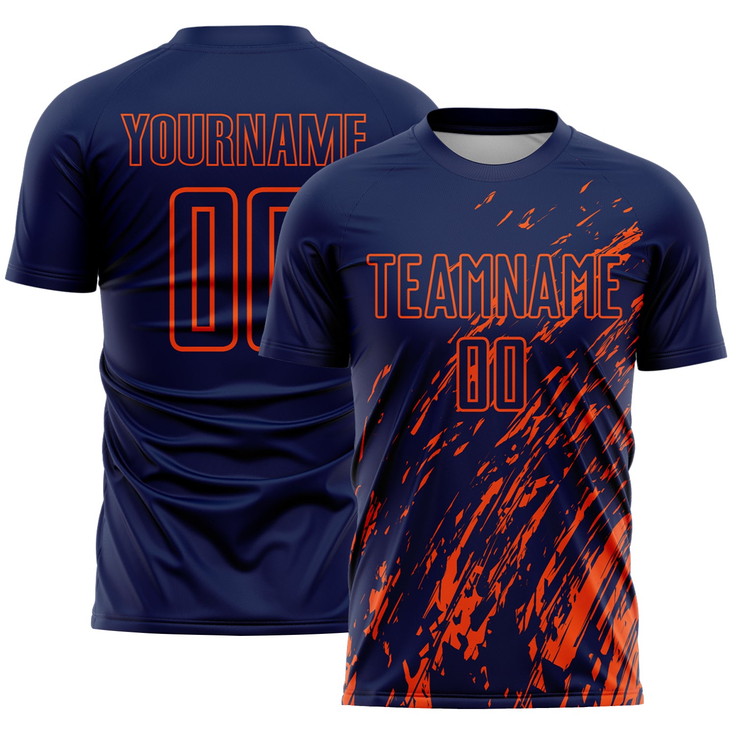 Custom Navy Orange Splash Sublimation Soccer Uniform Jersey