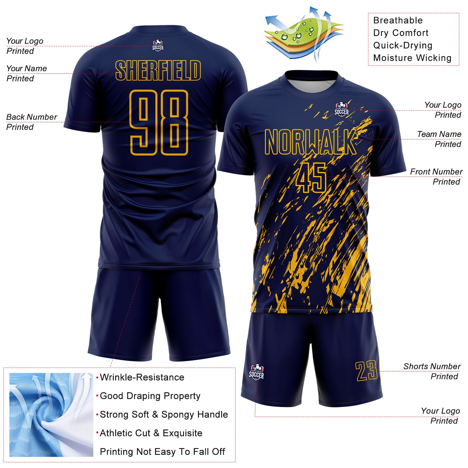 Custom Navy Gold Splash Sublimation Soccer Uniform Jersey