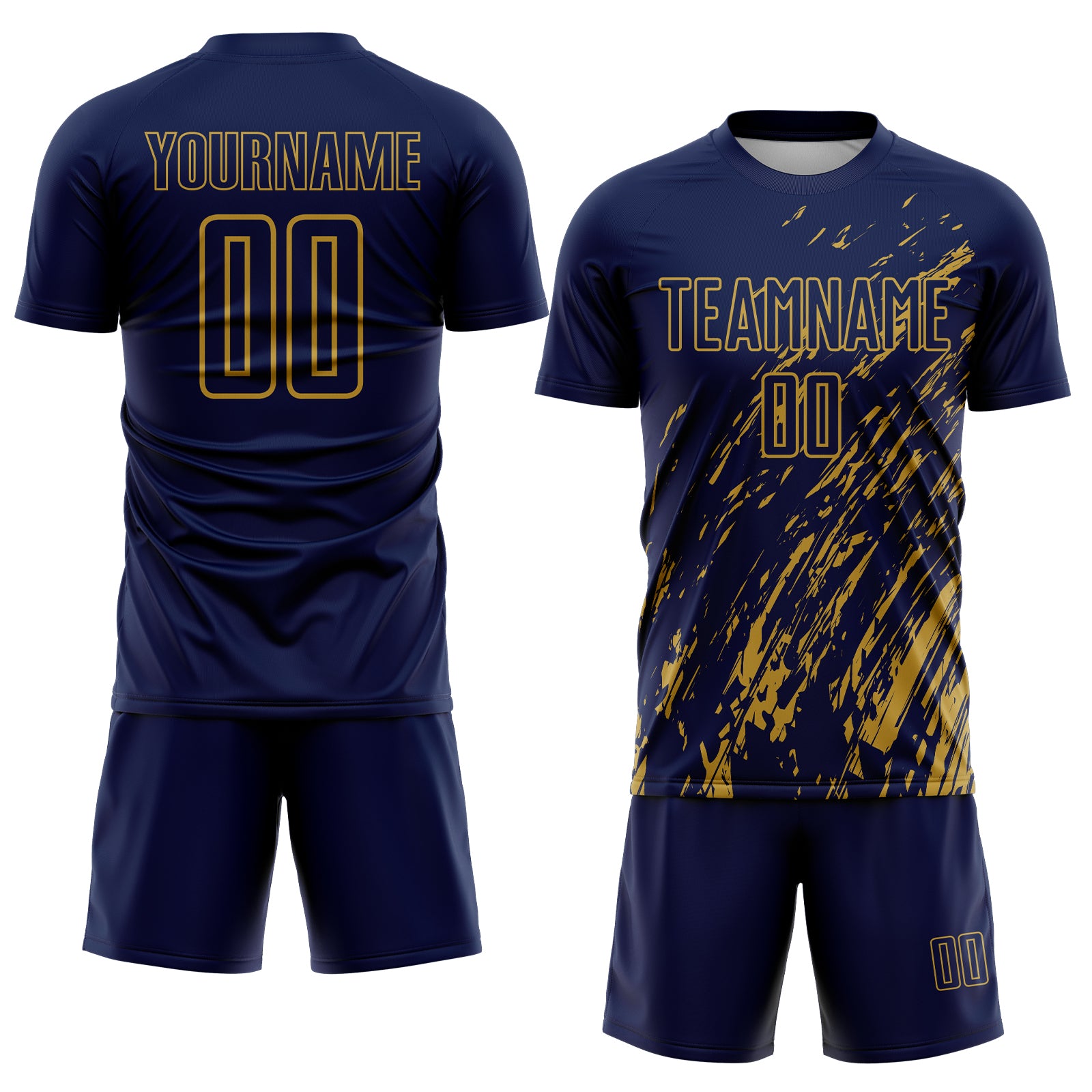 Custom Navy Old Gold Splash Sublimation Soccer Uniform Jersey