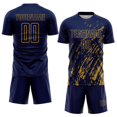 Custom Navy Old Gold Splash Sublimation Soccer Uniform Jersey