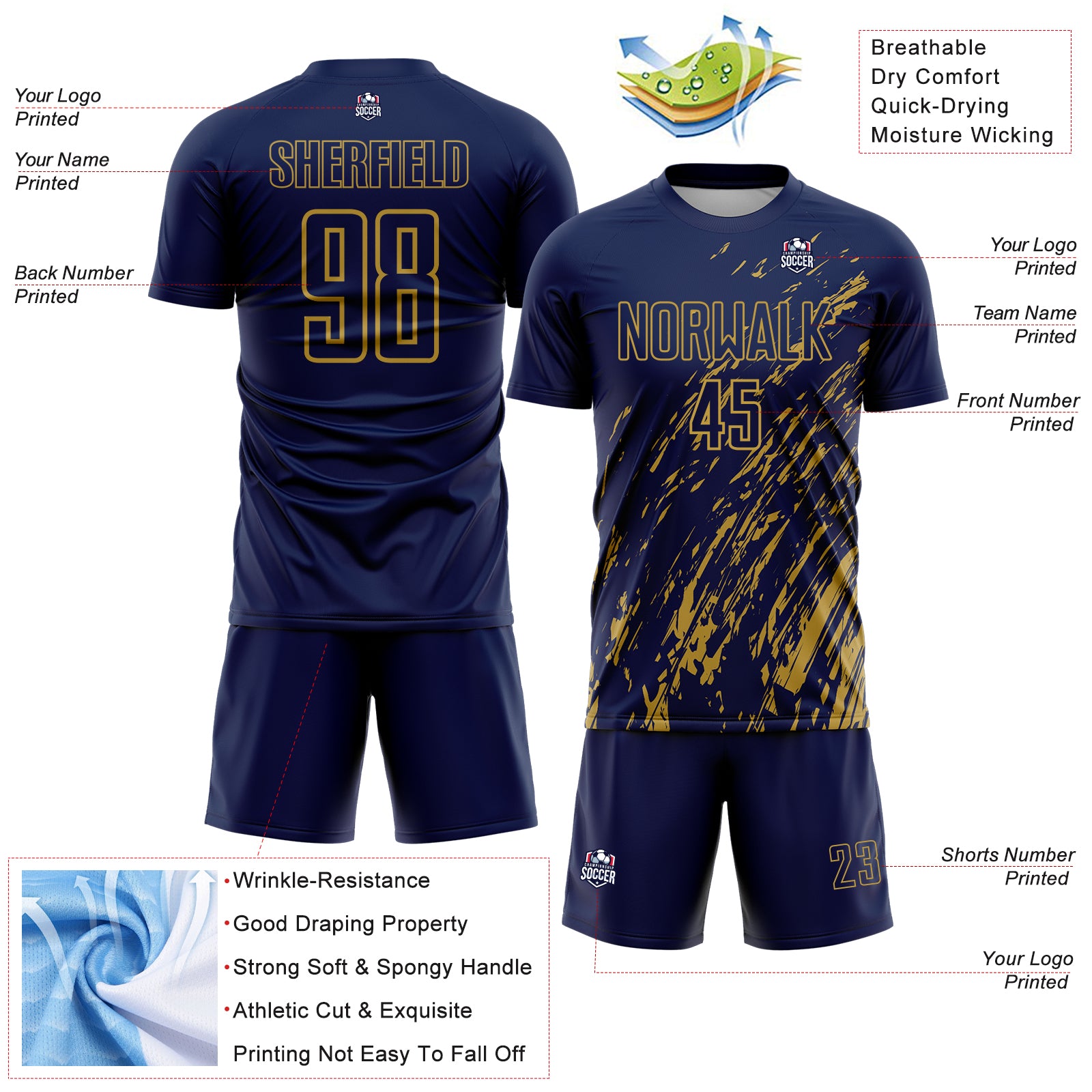 Custom Navy Old Gold Splash Sublimation Soccer Uniform Jersey