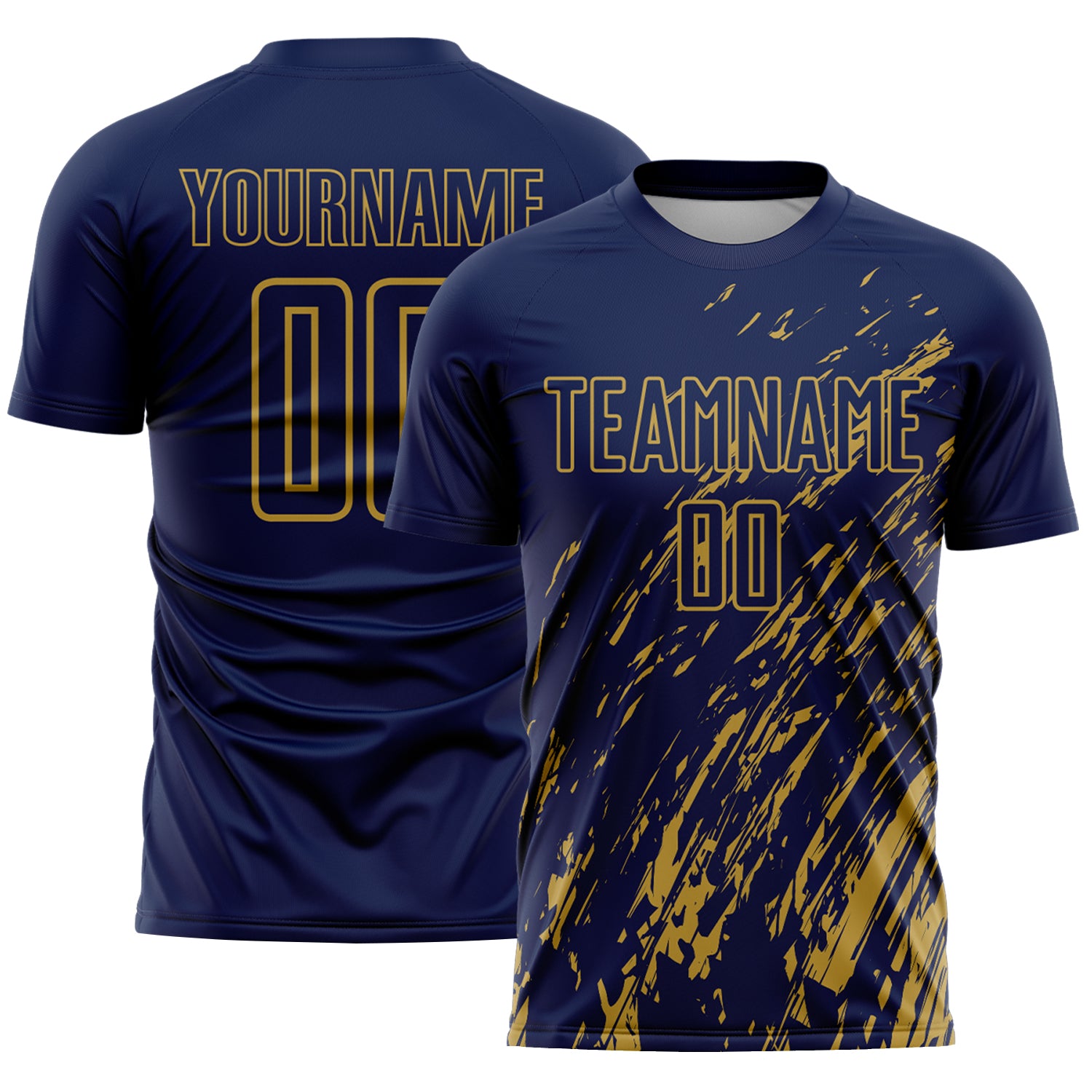 Custom Navy Old Gold Splash Sublimation Soccer Uniform Jersey