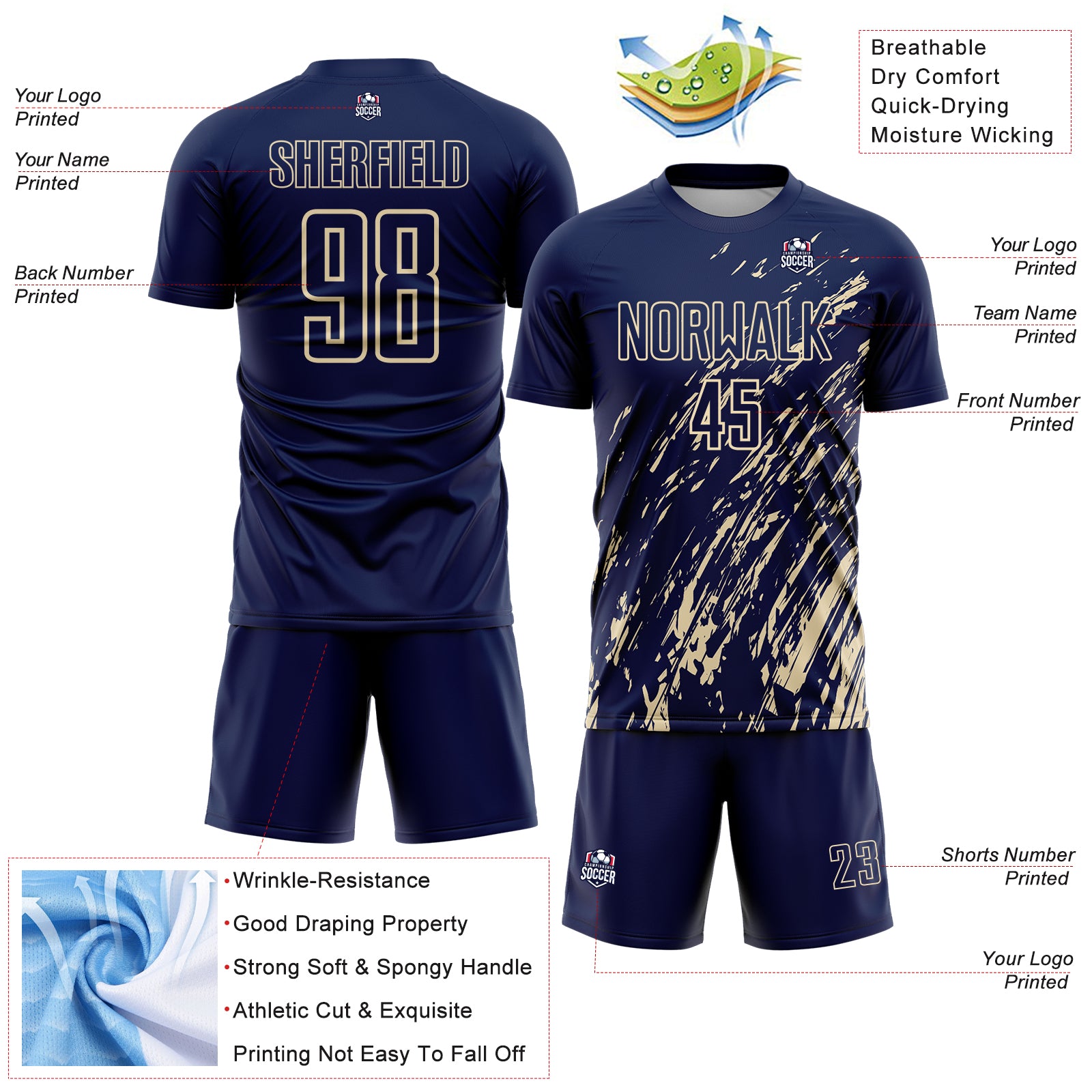 Custom Navy Cream Splash Sublimation Soccer Uniform Jersey
