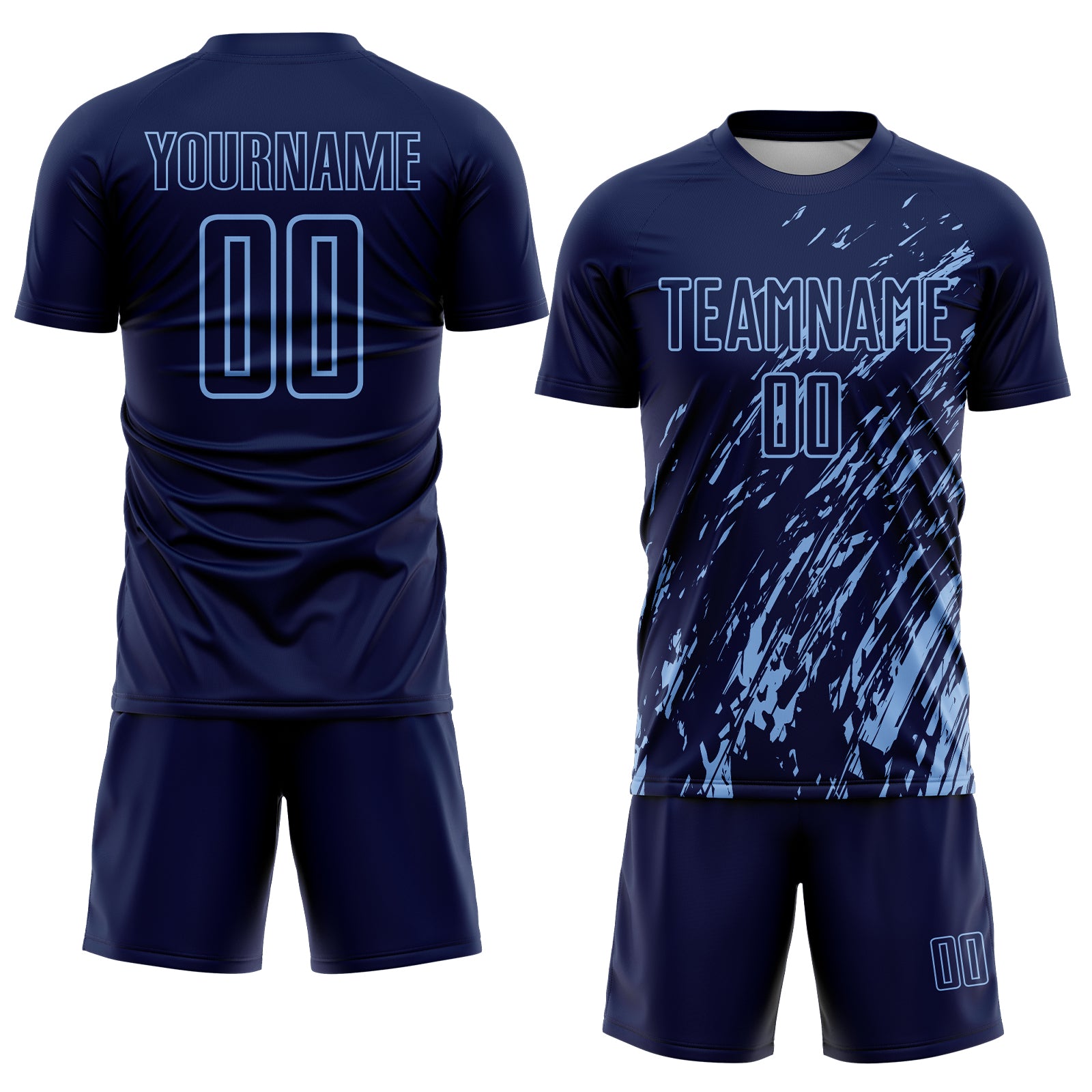 Custom Navy Light Blue Splash Sublimation Soccer Uniform Jersey