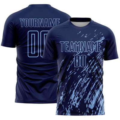 Custom Navy Light Blue Splash Sublimation Soccer Uniform Jersey