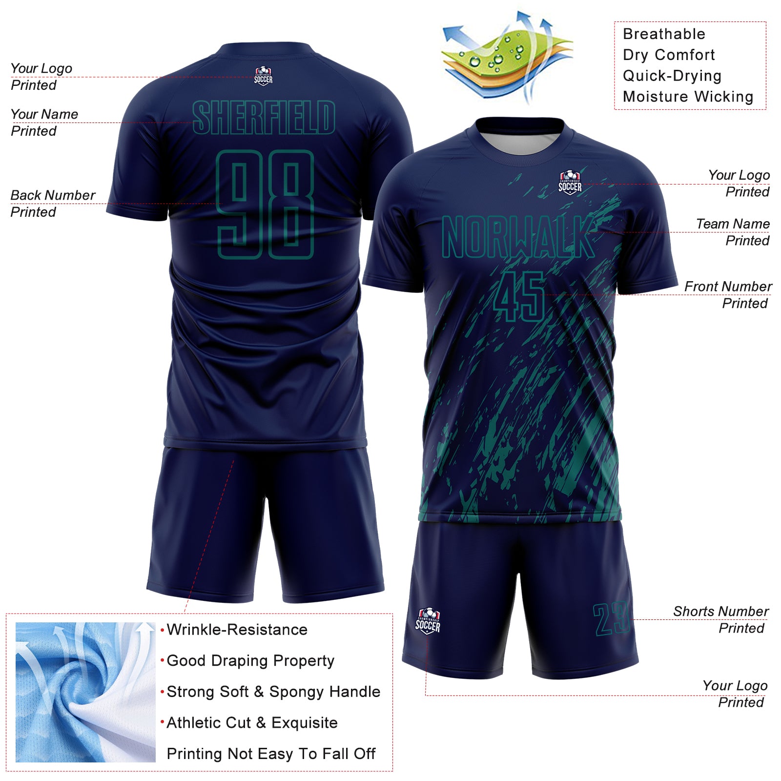 Custom Navy Teal Splash Sublimation Soccer Uniform Jersey