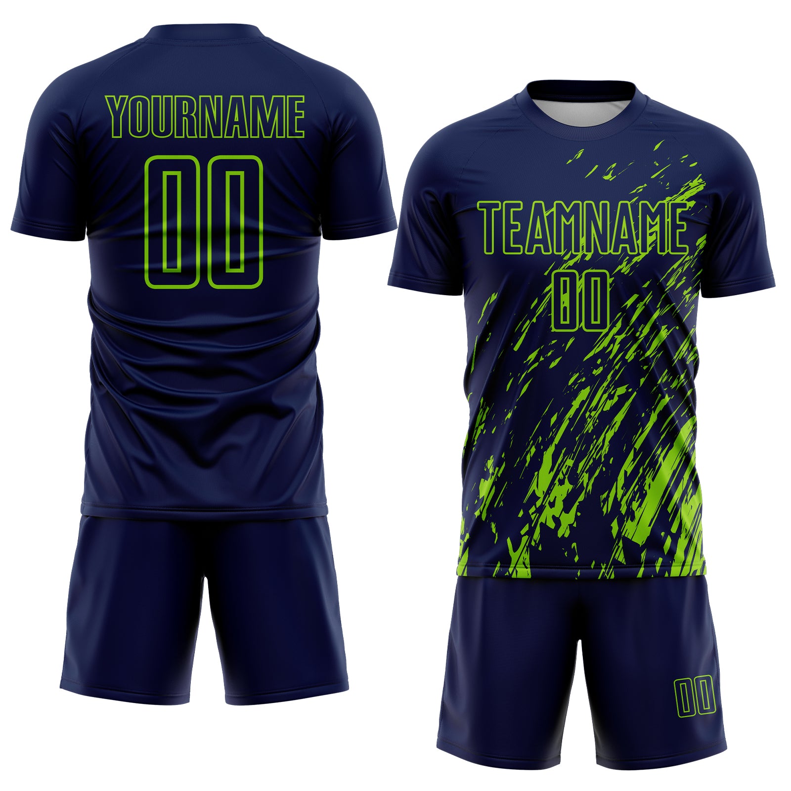 Custom Navy Neon Green Splash Sublimation Soccer Uniform Jersey