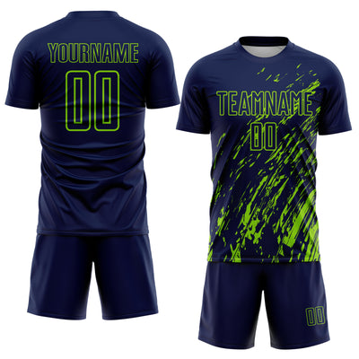 Custom Navy Neon Green Splash Sublimation Soccer Uniform Jersey