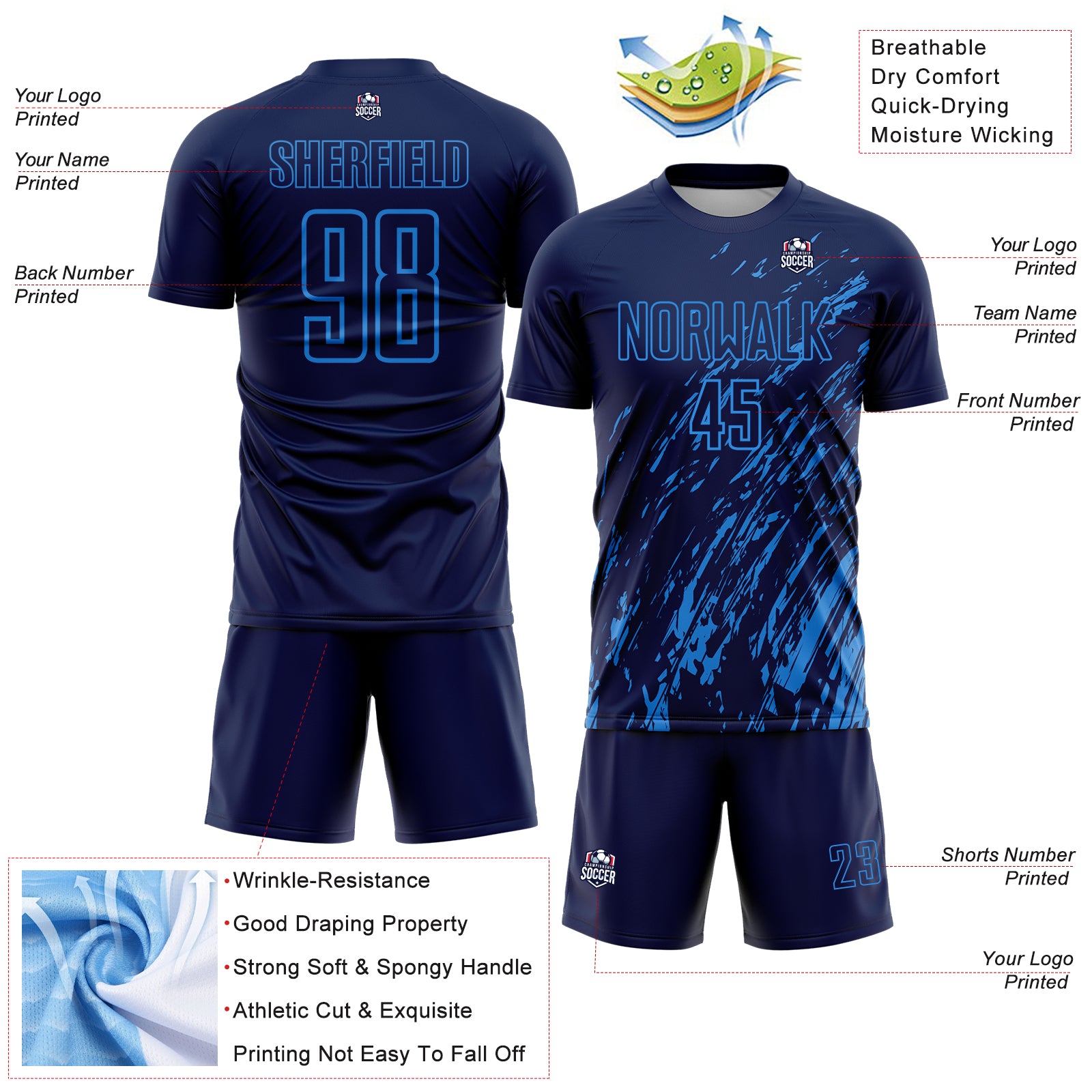 Custom Navy Powder Blue Splash Sublimation Soccer Uniform Jersey