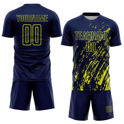 Custom Navy Neon Yellow Splash Sublimation Soccer Uniform Jersey