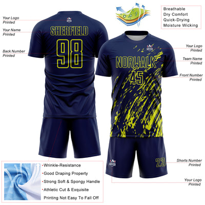 Custom Navy Neon Yellow Splash Sublimation Soccer Uniform Jersey