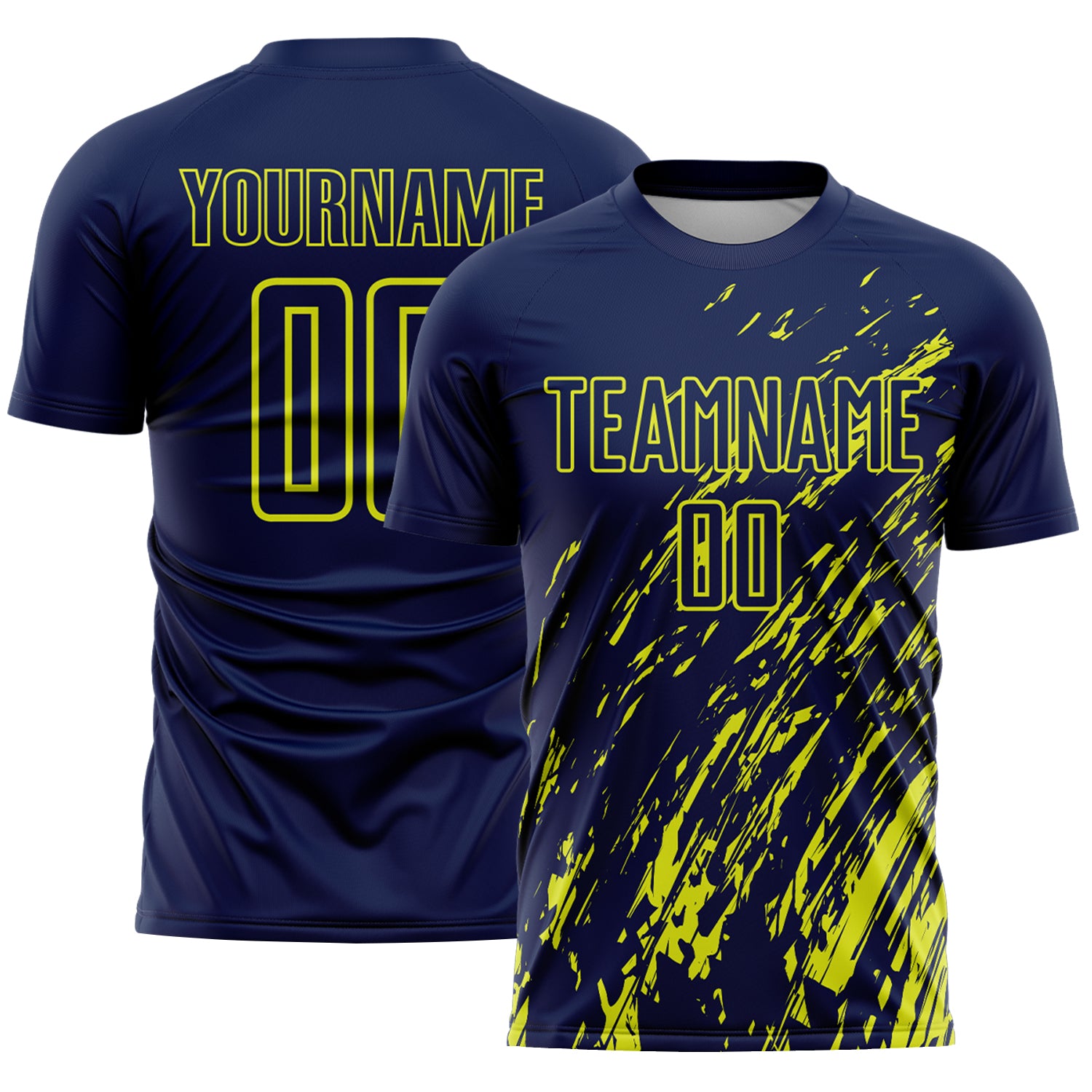 Custom Navy Neon Yellow Splash Sublimation Soccer Uniform Jersey