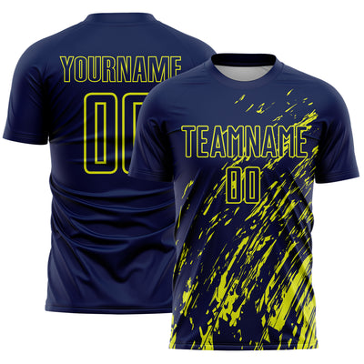 Custom Navy Neon Yellow Splash Sublimation Soccer Uniform Jersey