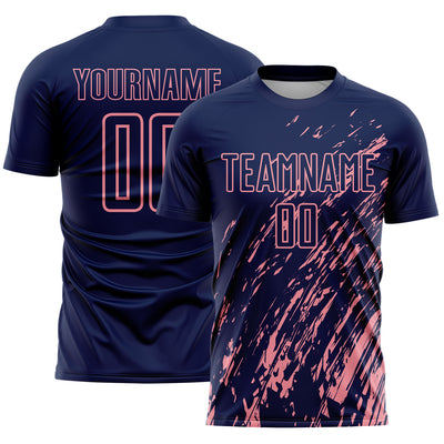 Custom Navy Medium Pink Splash Sublimation Soccer Uniform Jersey