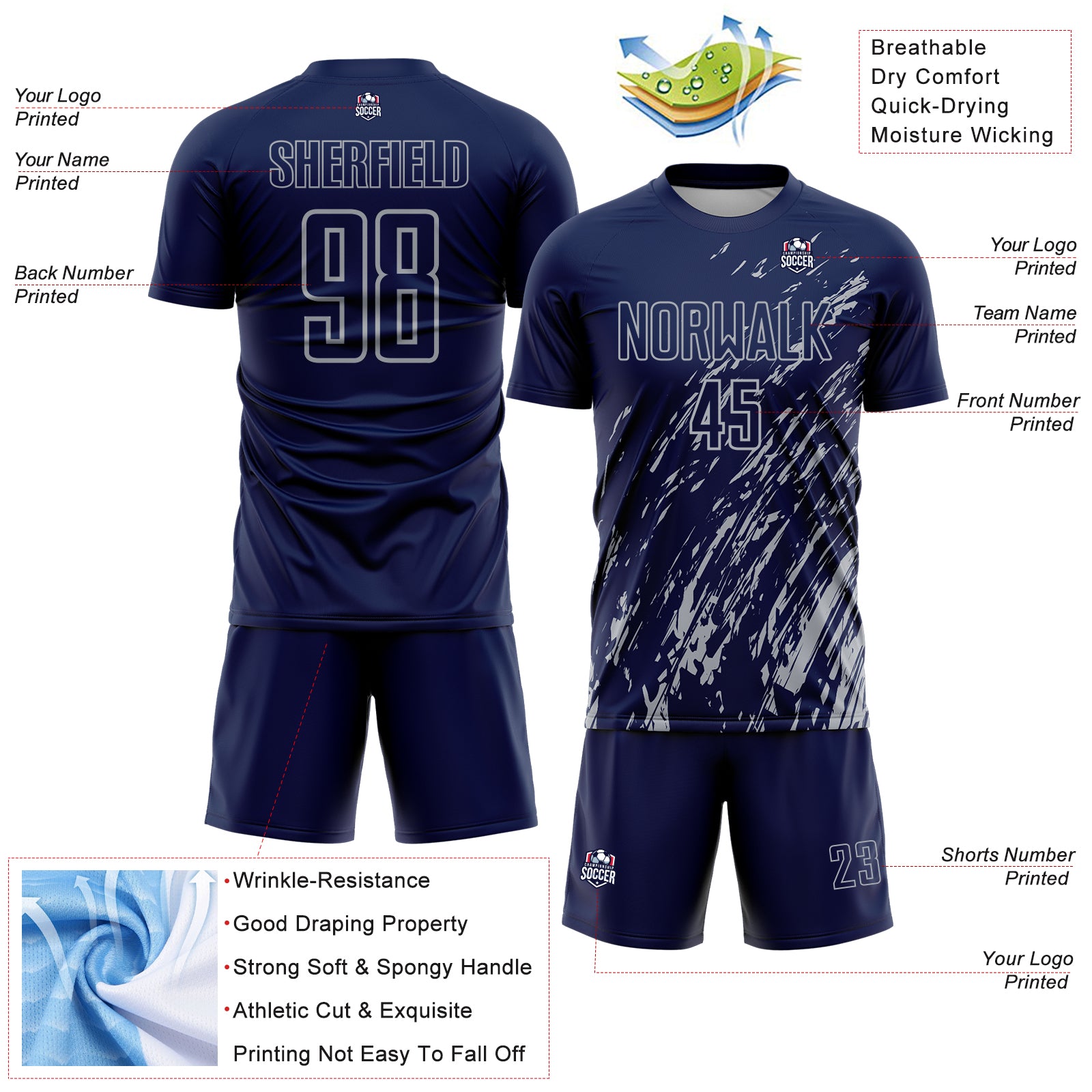 Custom Navy Gray Splash Sublimation Soccer Uniform Jersey