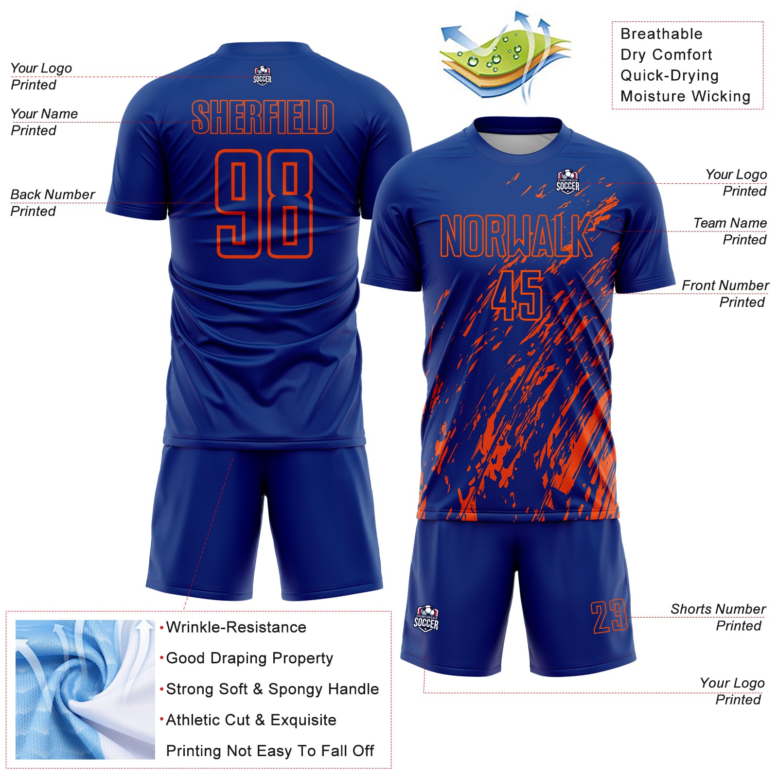 Custom Royal Orange Splash Sublimation Soccer Uniform Jersey