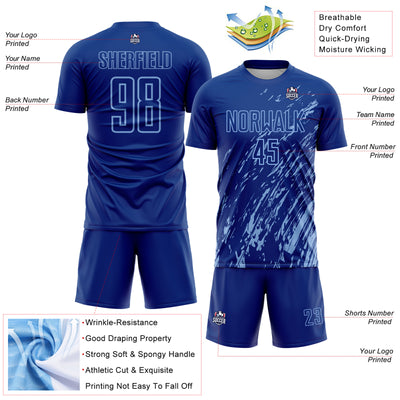 Custom Royal Light Blue Splash Sublimation Soccer Uniform Jersey