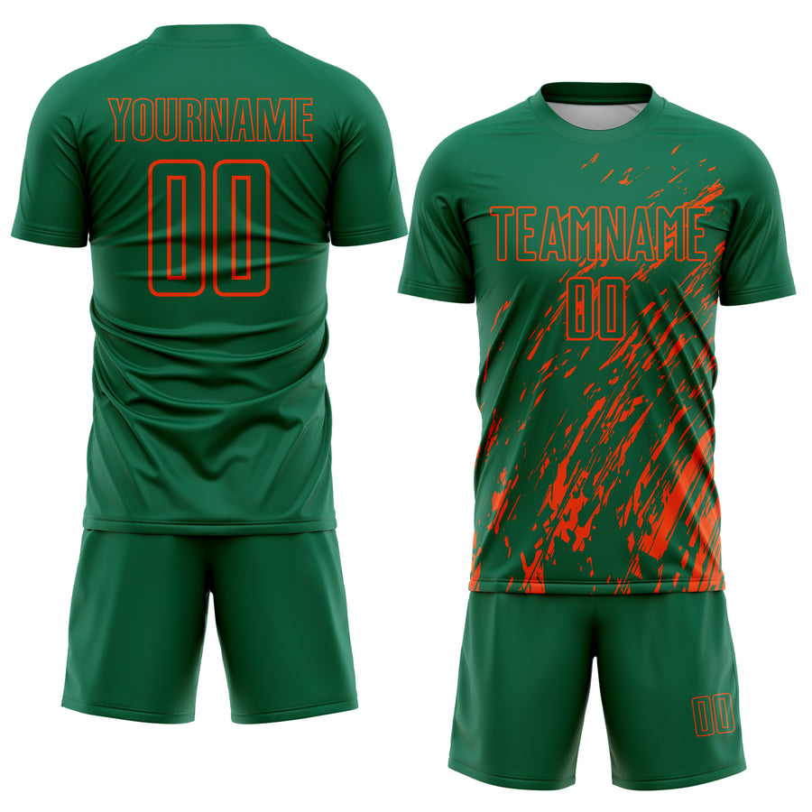 Custom Kelly Green Orange Splash Sublimation Soccer Uniform Jersey