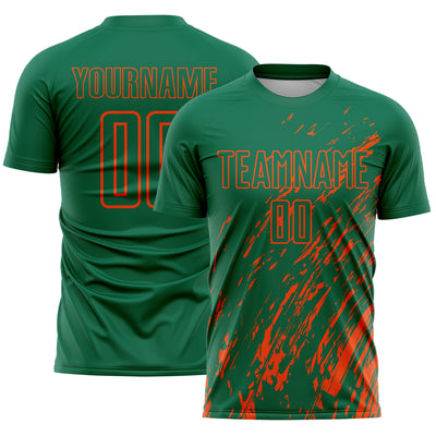 Custom Kelly Green Orange Splash Sublimation Soccer Uniform Jersey