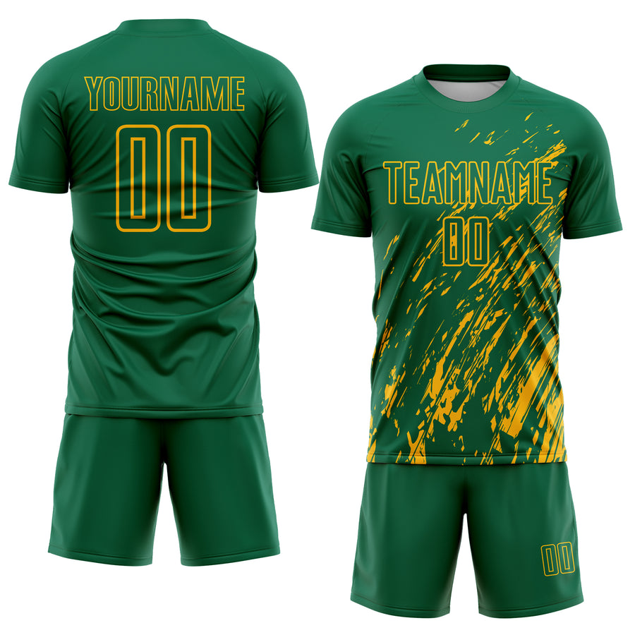 Custom Kelly Green Gold Splash Sublimation Soccer Uniform Jersey