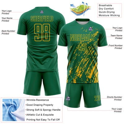 Custom Kelly Green Gold Splash Sublimation Soccer Uniform Jersey