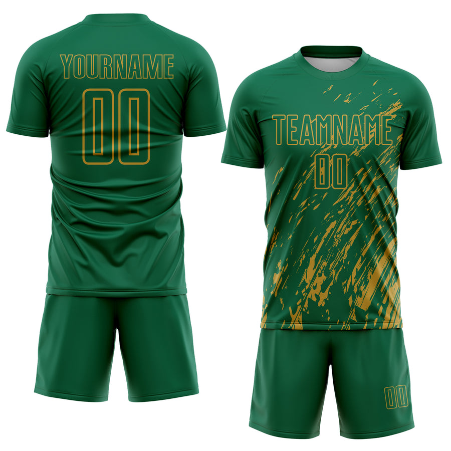Custom Kelly Green Old Gold Splash Sublimation Soccer Uniform Jersey