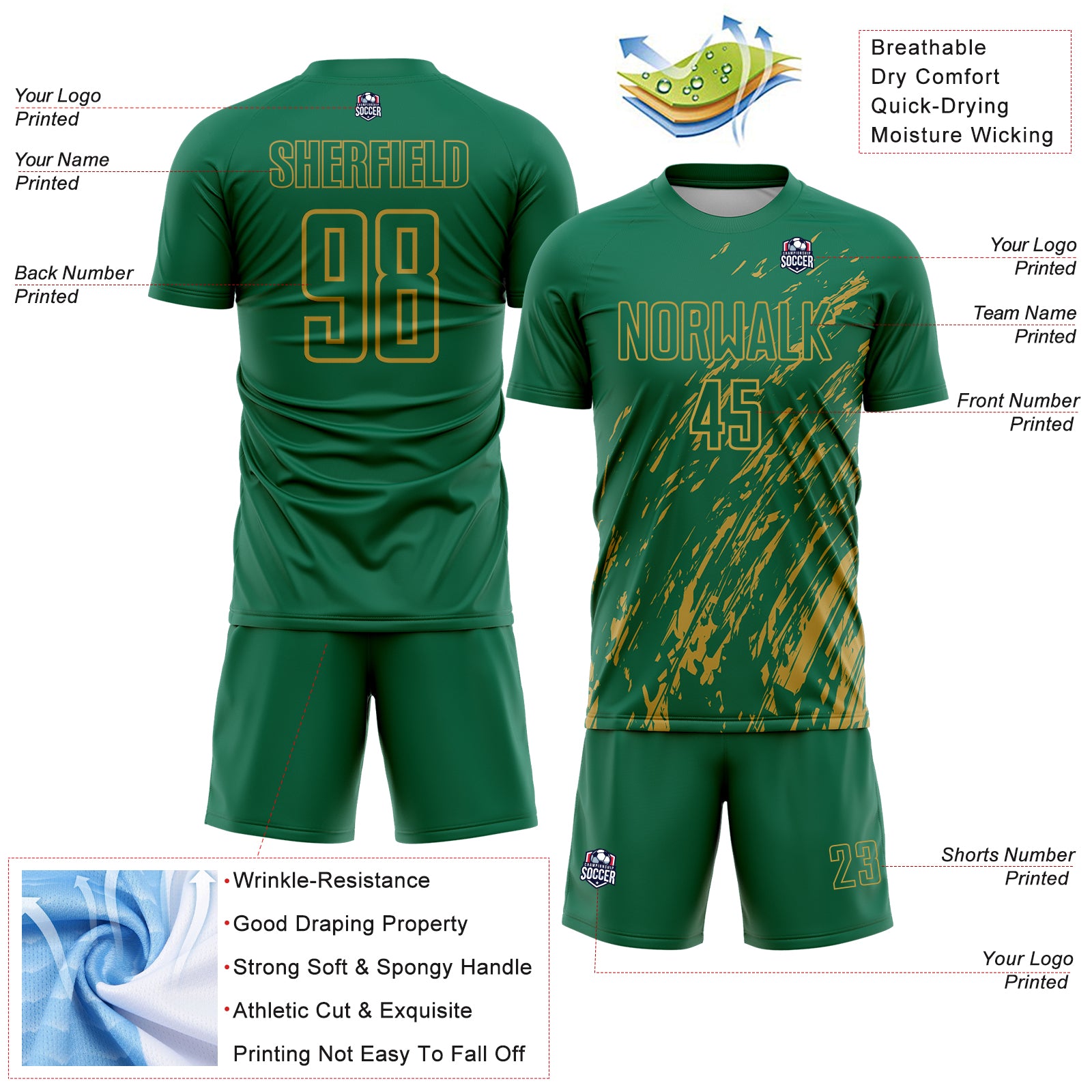 Custom Kelly Green Old Gold Splash Sublimation Soccer Uniform Jersey
