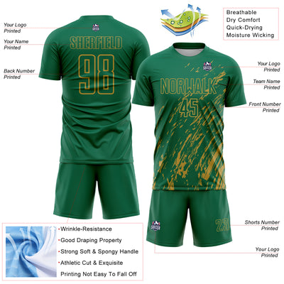 Custom Kelly Green Old Gold Splash Sublimation Soccer Uniform Jersey