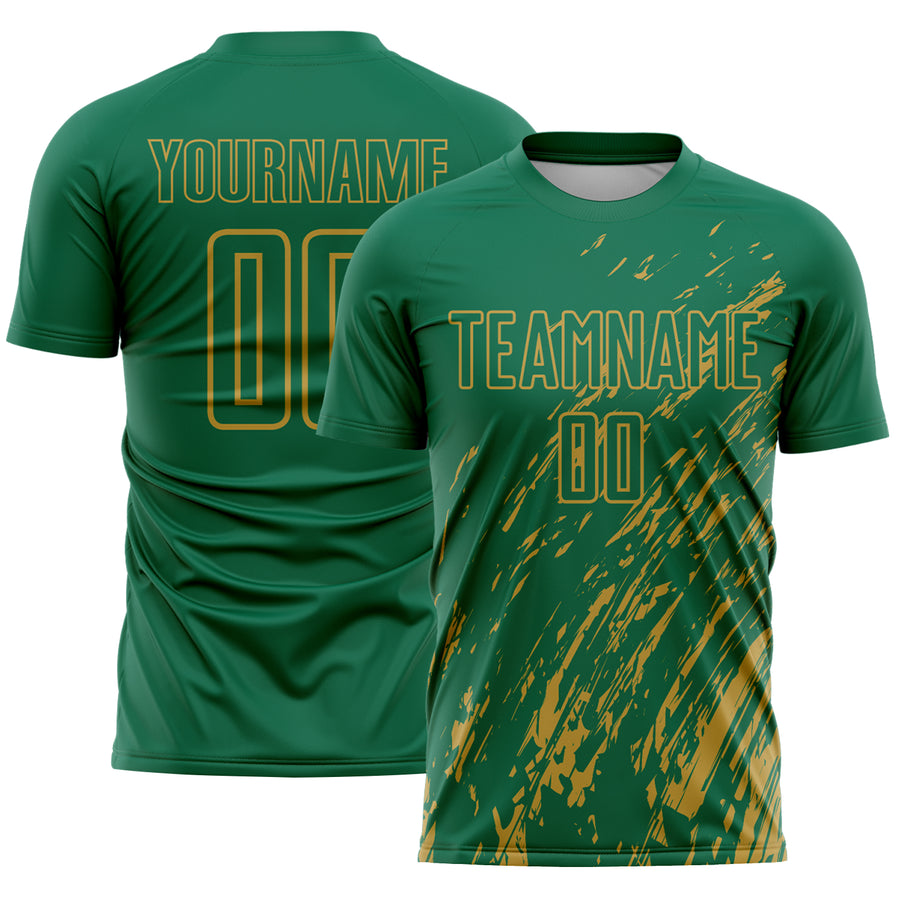 Custom Kelly Green Old Gold Splash Sublimation Soccer Uniform Jersey