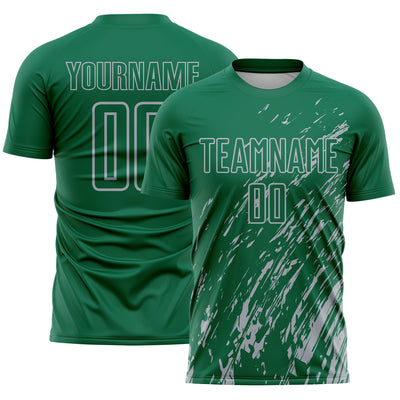 Custom Kelly Green Gray Splash Sublimation Soccer Uniform Jersey