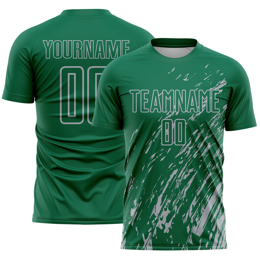Custom Kelly Green Gray Splash Sublimation Soccer Uniform Jersey