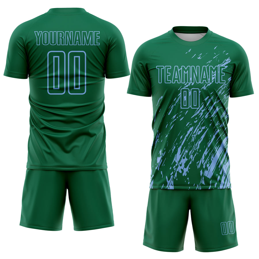 Custom Kelly Green Light Blue Splash Sublimation Soccer Uniform Jersey