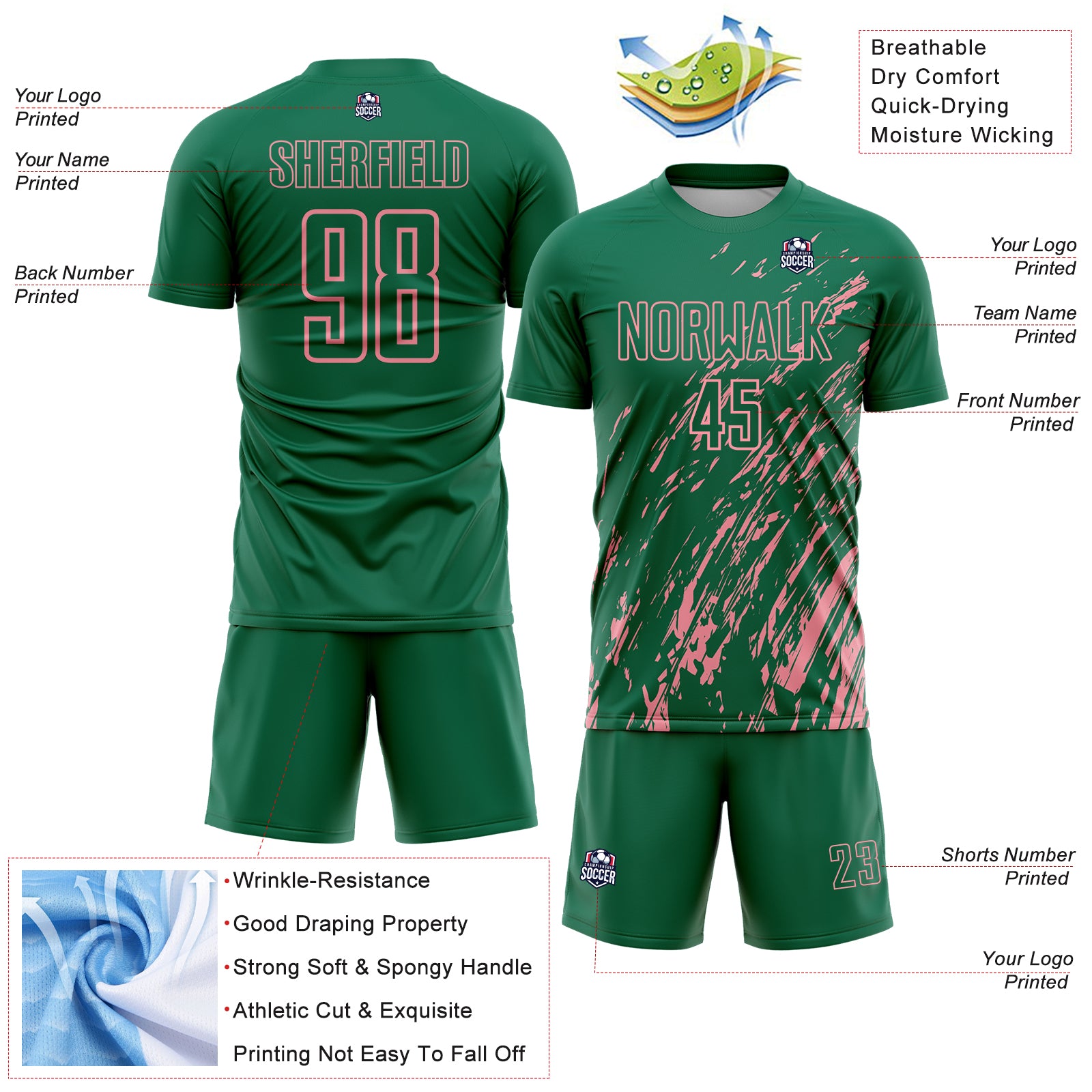 Custom Kelly Green Medium Pink Splash Sublimation Soccer Uniform Jersey