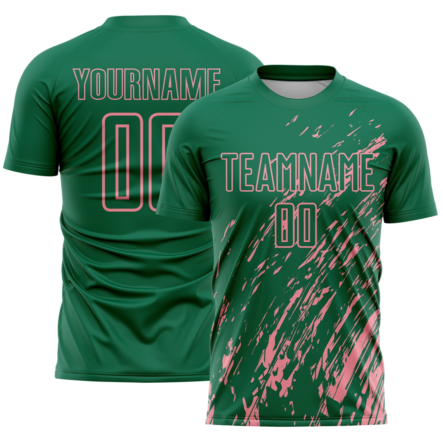 Custom Kelly Green Medium Pink Splash Sublimation Soccer Uniform Jersey
