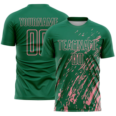 Custom Kelly Green Medium Pink Splash Sublimation Soccer Uniform Jersey