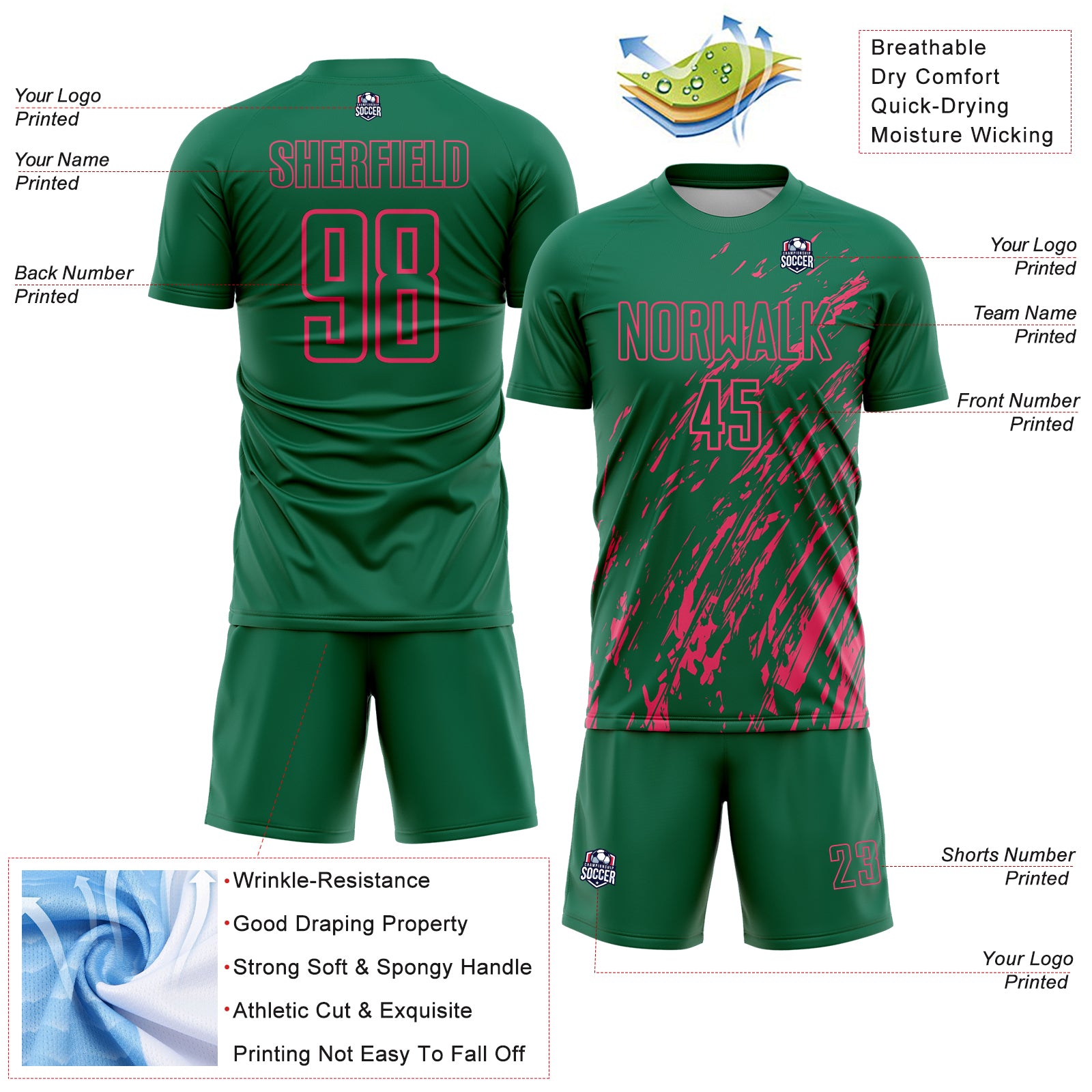 Custom Kelly Green Neon Pink Splash Sublimation Soccer Uniform Jersey