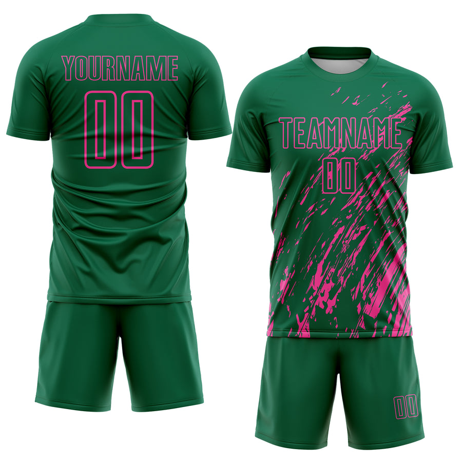 Custom Kelly Green Pink Splash Sublimation Soccer Uniform Jersey