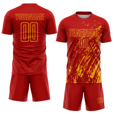 Custom Red Gold Splash Sublimation Soccer Uniform Jersey